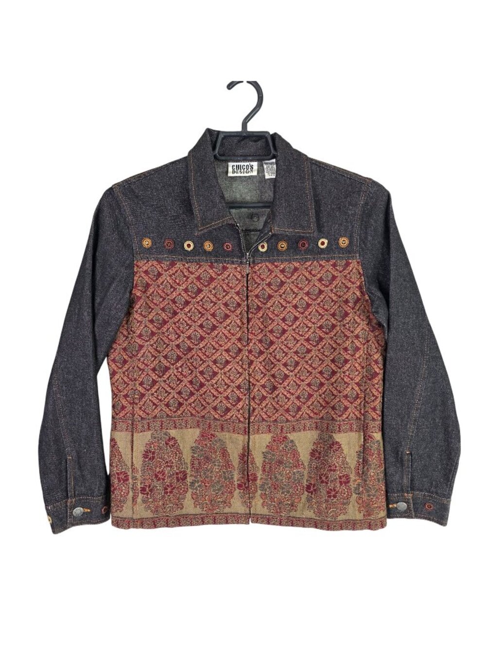 Womens Chicos Design Denim & Wool Patterned Full Zip Jacket 100% Cotton Size 0